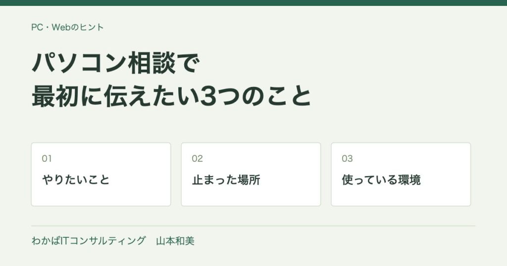 パソコン相談で最初に伝えたい、やりたいこと・止まった場所・使っている環境の3つ